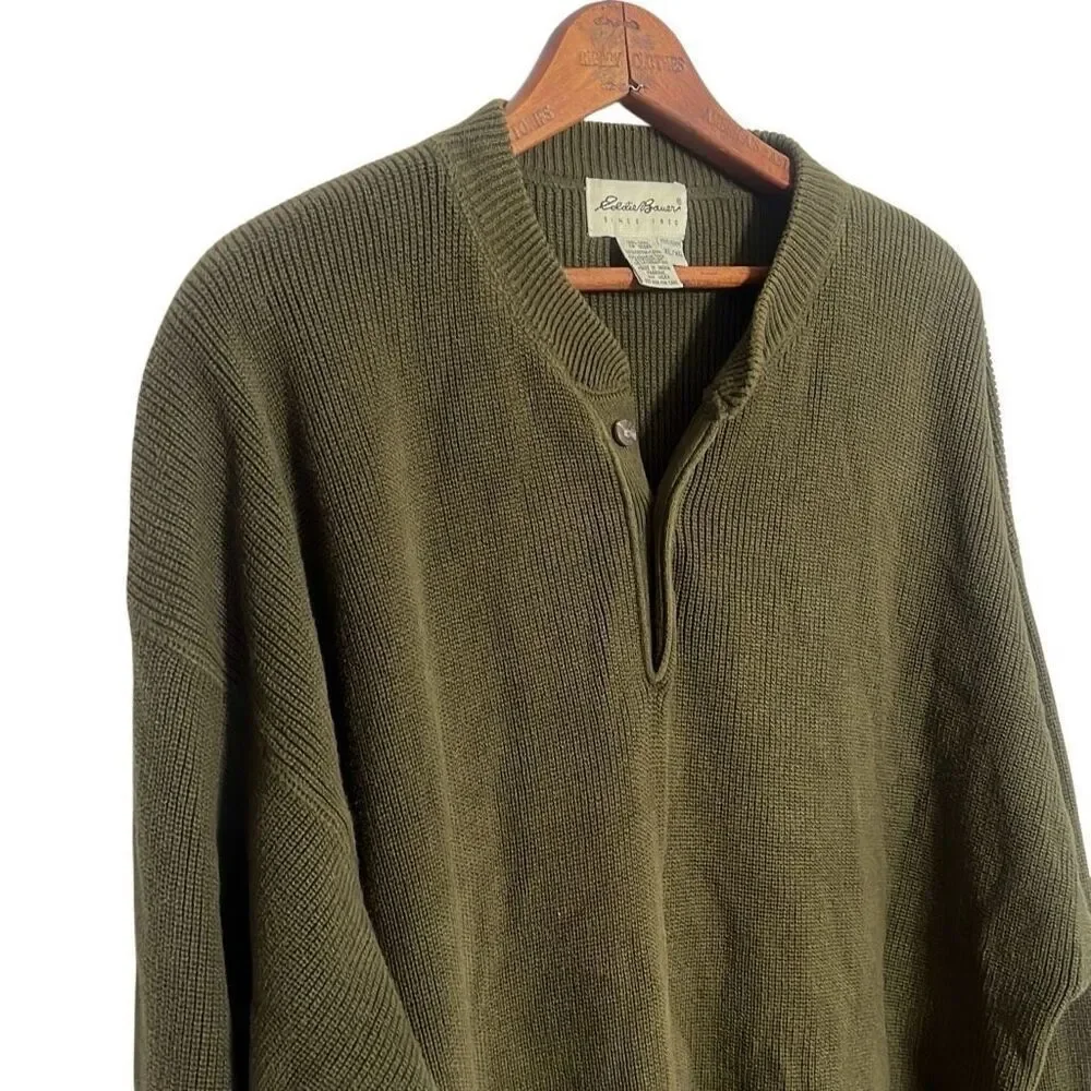 Eddie Bauer Chunky Knit Cotton Henley Pullover Sweater Olive Green‎ Size XL